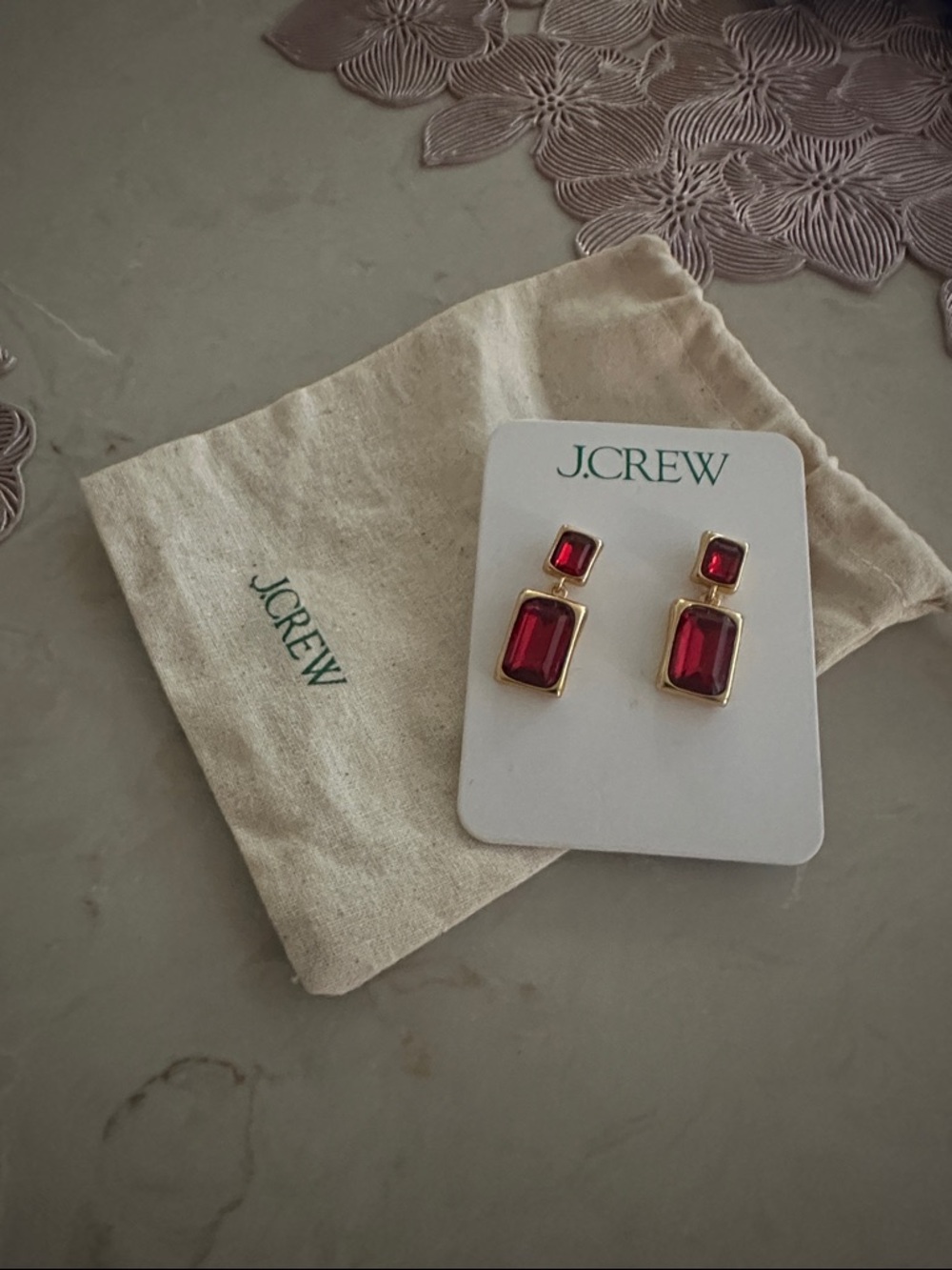 J. Crew Gold-Tone Earrings with Deep Red Crystal Drops